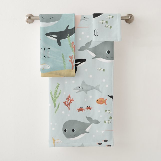 Girls Cute Ocean Whale and Sea Pattern Kids Bath T Bath Towel Set (Insitu)