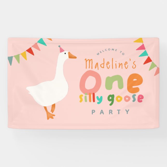 Girls Cute One Silly Goose 1st Birthday Welcome Banner (Horizontal)