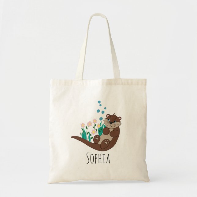 Girls Cute Otter Cartoon Flowers and Name Kids Tote Bag (Front)