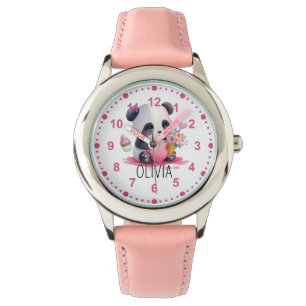 Girls Cute Panda Bear Flowers Pink Custom Name Watch