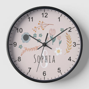 Girls Cute Pastel Floral Print Botanical Kids Clock