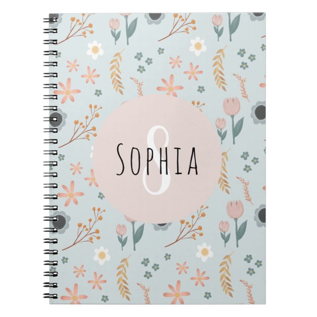 Girls Cute Pastel Floral Print Botanical Kids Notebook (Front)