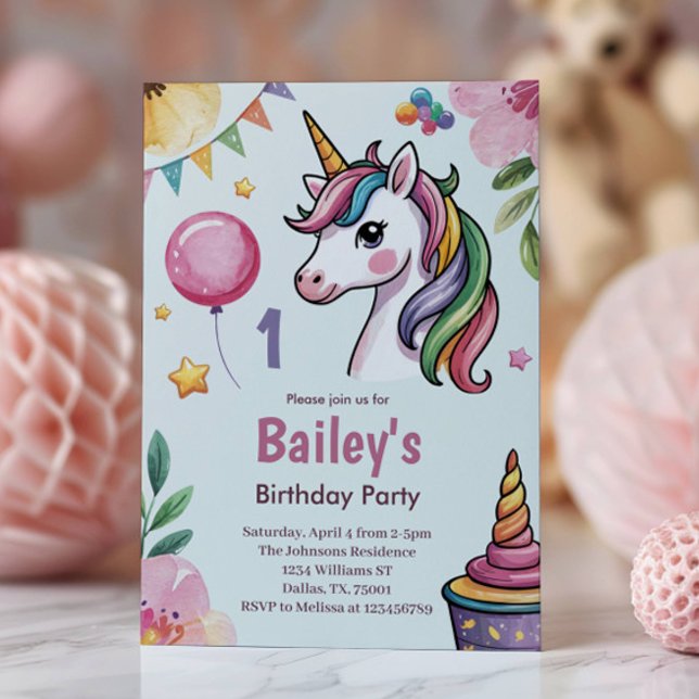 Girls Cute Pastel Unicorn Kids 1st Birthday Invitation (Creator Uploaded)