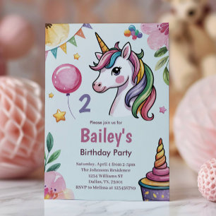 Girls Cute Pastel Unicorn Kids 2nd Birthday Invitation