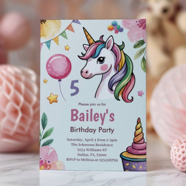 Girls Cute Pastel Unicorn Kids 5th Birthday Invitation (Creator Uploaded)
