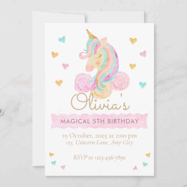 Girls Cute Pastel Unicorn Magical Birthday Invitation (Front)