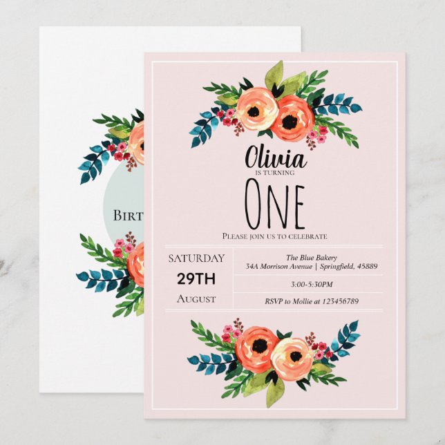 Girls Cute Pink 1st Birthday Watercolor Flowers Invitation (Front/Back)