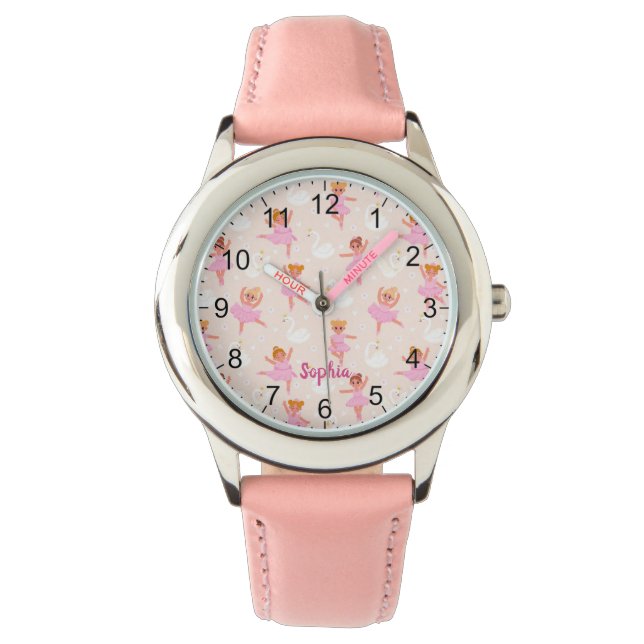 Girls Cute Pink Ballerina Personalised Name Watch (Front)