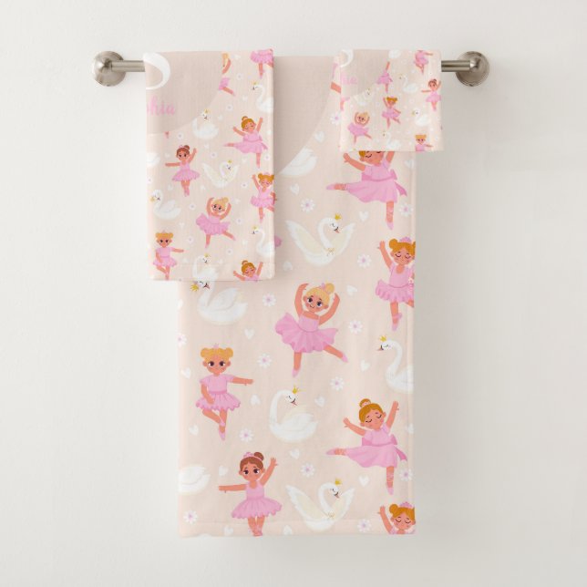 Girls Cute Pink Ballet Dancer Swan Kids Bath Towel Set (Insitu)