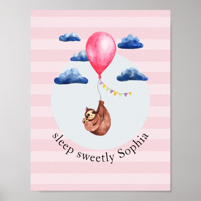 Girls Cute Pink Balloon Sloth Animal and Name Kids Poster (Front)