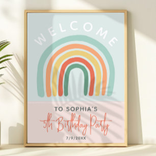 Girls Cute Pink Boho Rainbow 5th Birthday Poster