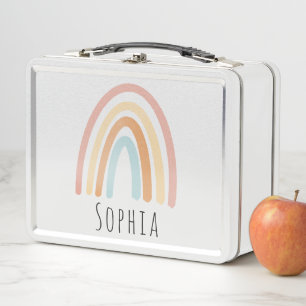 Girls Cute Pink Boho Rainbow Kids Personalised Metal Lunch Box