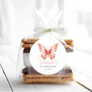 Girls Cute Pink Butterfly 1st Birthday Party Classic Round Sticker