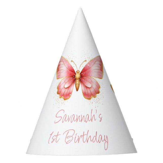 Girls Cute Pink Butterfly 1st Birthday Party Hat (Front)