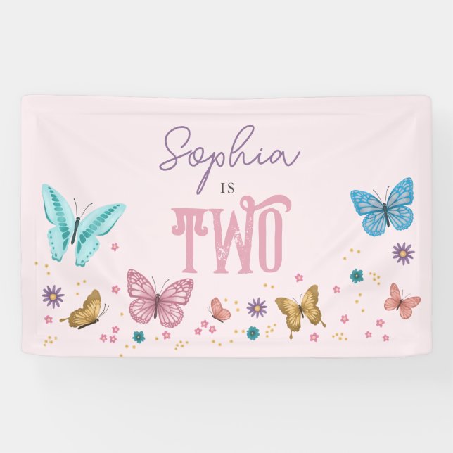 Girls Cute Pink Butterfly Kids Birthday Banner (Horizontal)