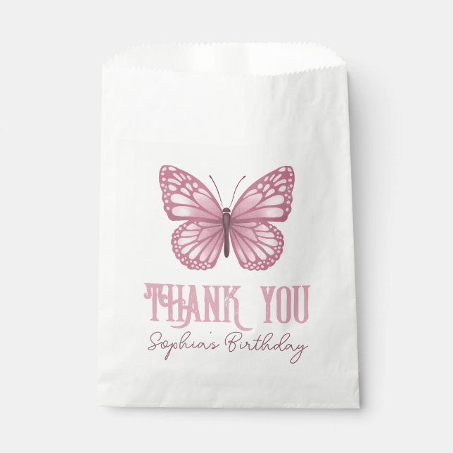 Girls Cute Pink Butterfly Kids Birthday Thank You Favour Bags (Front)