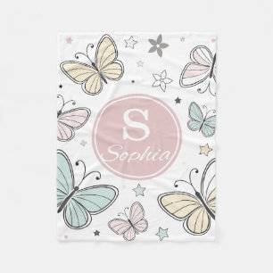 Girls Cute Pink Butterfly Monogram Kids  Fleece Blanket