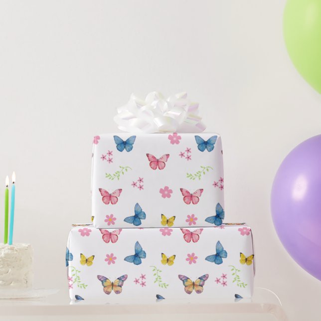 Girls Cute Pink Butterfly Pattern Kids Birthday  Wrapping Paper (Party Gifts)