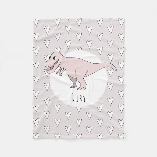 Girls Cute Pink Dinosaur Cartoon and Name Kids Fleece Blanket (Front)