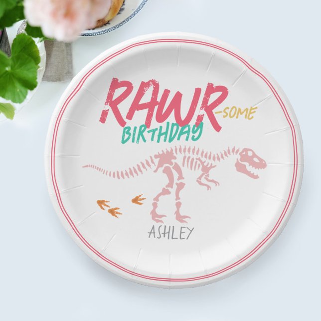 Girls Cute Pink Dinosaur Dig Fossil Kids Birthday Paper Plate (Creator Uploaded)