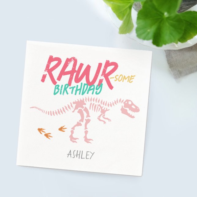 Girls Cute Pink Dinosaur Dig Kids Birthday Napkin (Creator Uploaded)