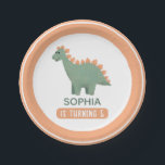 Girls Cute Pink Dinosaur Kids Birthday Paper Plate<br><div class="desc">This cute and whimsical girls fifth birthday paper plate design features a dinosaur cartoon,  and can be personalised with a name and age. Set as a 5th birthday design,  but easy to edit. The perfect addition to your dino-loving child's party!</div>