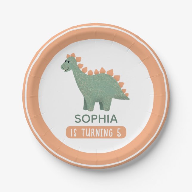 Girls Cute Pink Dinosaur Kids Birthday Paper Plate (Front)