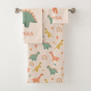 Girls Cute Pink Dinosaur Pattern Name Kids Bath Towel Set