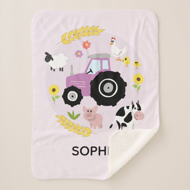 Girls Cute Pink Farm Animals Tractor & Name Kids Sherpa Blanket (Front)