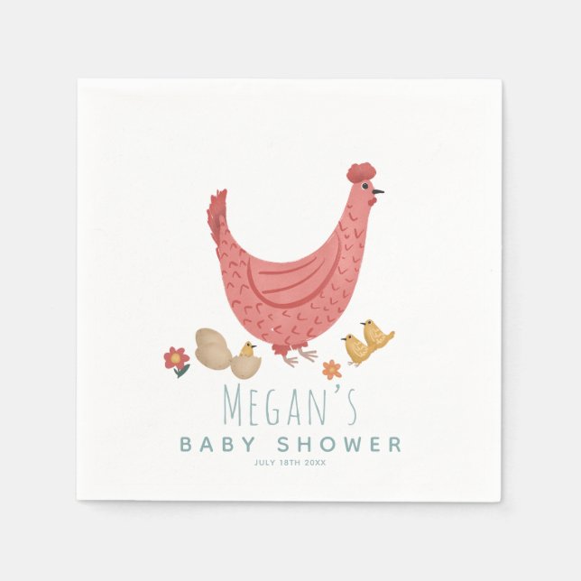 Girls Cute Pink Farm Chicken Baby Shower Napkin (Front)