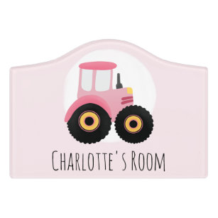 Girls Cute Pink Farm Tractor & Name Kids Door Sign