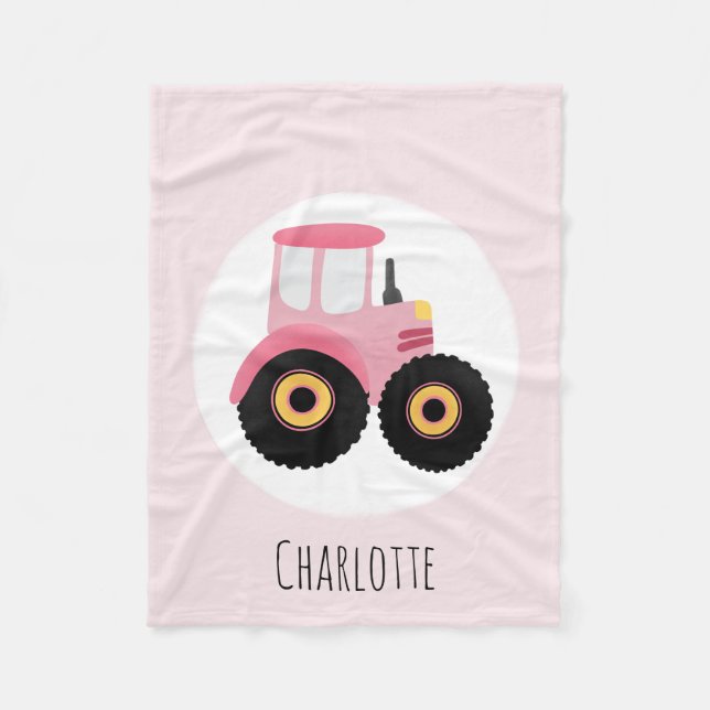 Girls Cute Pink Farm Tractor & Name Kids Fleece Blanket (Front)