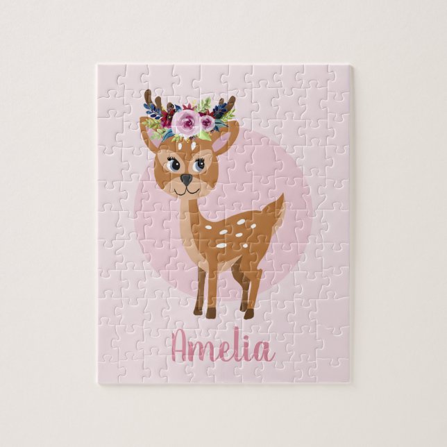 Girls Cute Pink Floral Deer and Flowers Kids Jigsaw Puzzle (Vertical)