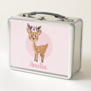 Girls Cute Pink Floral Deer and Flowers Kids Metal Lunch Box