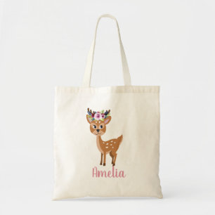 Girls Cute Pink Floral Deer and Flowers Kids Tote Bag