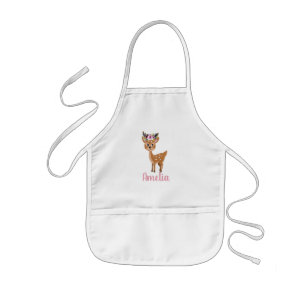 Girls Cute Pink Floral Deer and Name Kids Apron
