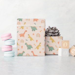 Girls Cute Pink Floral Dinosaur Kids Birthday Wrapping Paper