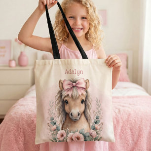 Girls Cute Pink Floral Horse Personalised Name Tote Bag