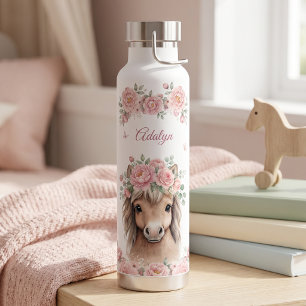 Girls Cute Pink Floral Horse Personalised Name  Water Bottle