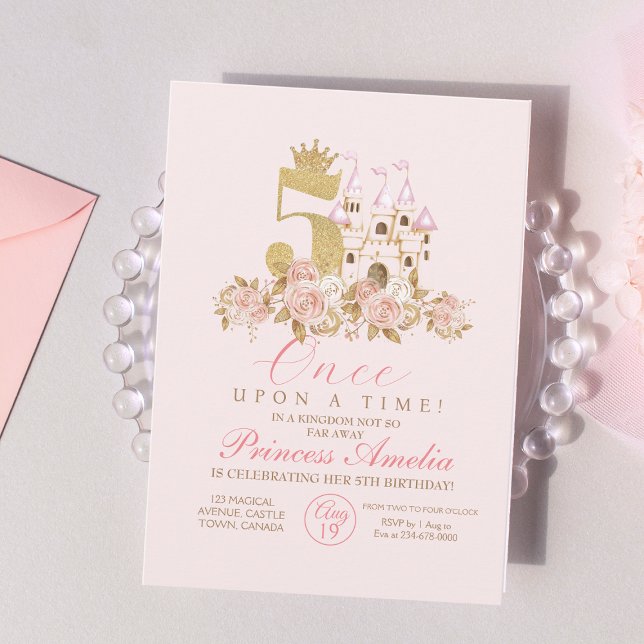 Girls Cute Pink Gold Castle Kids 5th Birthday Invitation (Creator Uploaded)