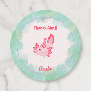 Girls Cute Pink & Green Axolotl 1st Birthday Party Favour Tags