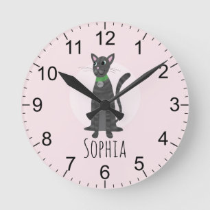 Girls Cute Pink Grey Tabby Cat Kids Nursery Round Clock