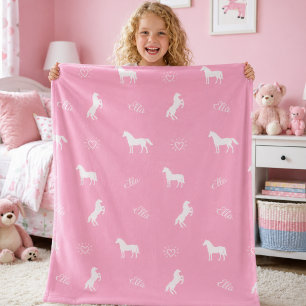 Girls Cute Pink Horse Pattern Personalised Name Fleece Blanket