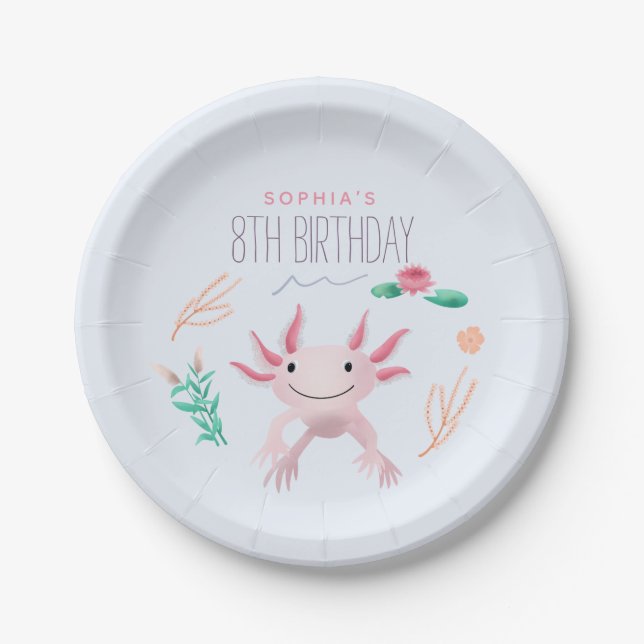 Girls Cute Pink Kawaii Axolotl Birthday Paper Plate (Front)