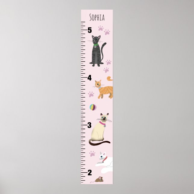 Girls Cute Pink Kitty Cat Cartoon Growth Chart (Front)