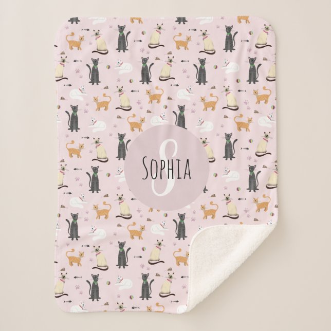 Girls Cute Pink Kitty Cat Pattern & Name Kids Sherpa Blanket (Front)