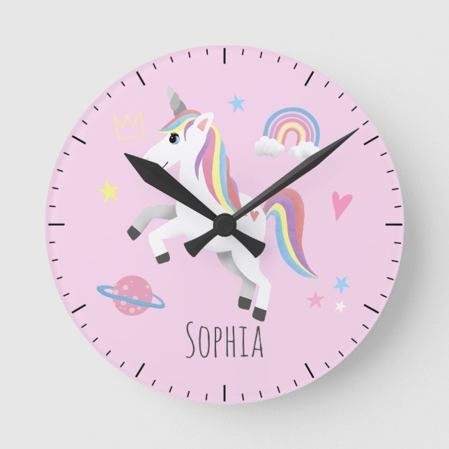 Girls Cute Pink Magical Unicorn Kids Nursery Round Clock (Front)
