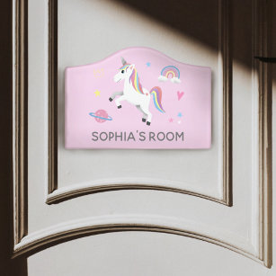 Girls Cute Pink Magical Unicorn & Name Kids Door Sign
