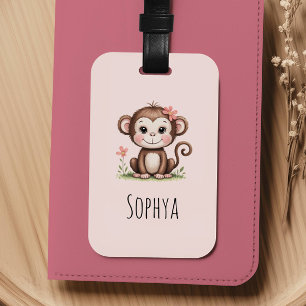 Girls Cute Pink Monkey Kids Luggage Tag