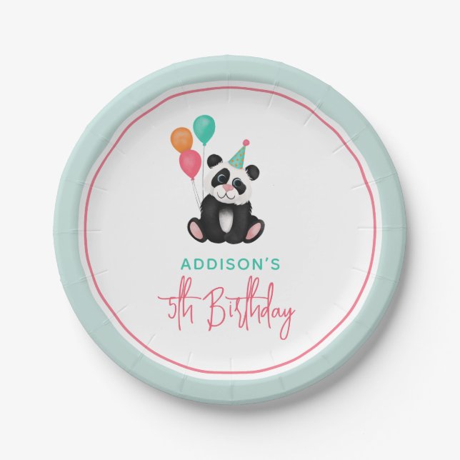 Girls Cute Pink Panda Bear 5th Birthday Party Paper Plate (Front)